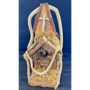 Vintage Rustic Primitive Natural Wood &Decorative Bird House Church Moss